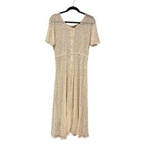 Vintage dress ivory lace pearly button 90s sheer midi romantic